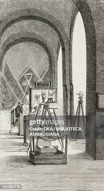 Geodetic instruments hall at the Italian engineers and architects Congress-exhibition, September Naples, drawing by Edoardo Matania , engraving by...