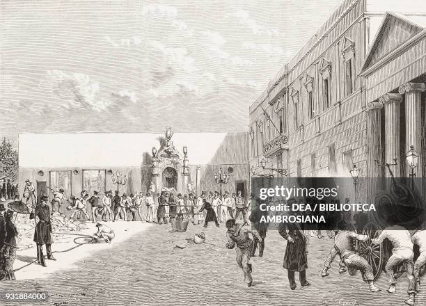 Military maneuvers to remove debris after the disastrous collapse of the Palace of Panatica in Naples Italy, drawing by Edoardo Matania , engraving...