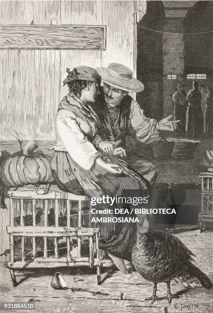 Love between chickens, oil painting by Giacomo Favretto engraving by Barberis from L'Illustrazione Italiana, Year 6, No 48, November 30, 1879.