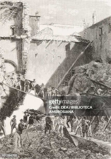 Removing corpses from the rubble after the collapse of the Palace of Panatica in Naples Italy, drawing by Edoardo Matania , engraving by Centenari...