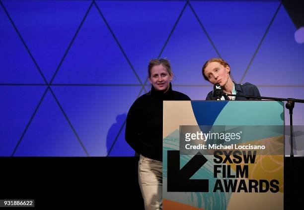 Filmmakers Sarah Winshall and Jenny Murray accept the SXSW Luna Bar Chicken and Egg Documentary Award award for "Las Sandinistas!" at the SXSW Film...