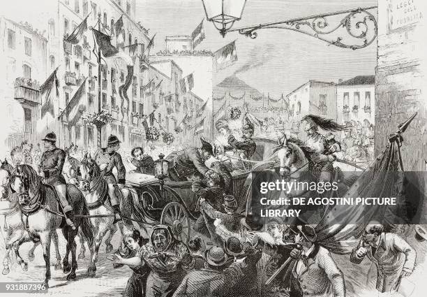 Assassination attempt of His Majesty Umberto I in Via Carbonara on November 17, 1878 in Naples, Campania, Italy, drawing by Antonio Bonamore ,...