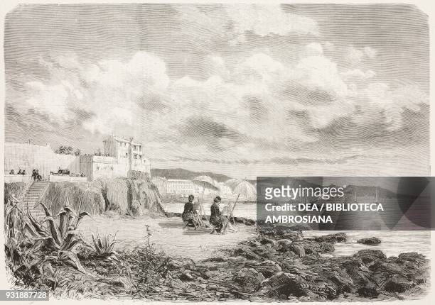 Princess Victoria of Saxe-Coburg and Gotha and her daughter painting the horizon of the east coast and the Gulf of Genoa Pegli, Italy, from a sketch...