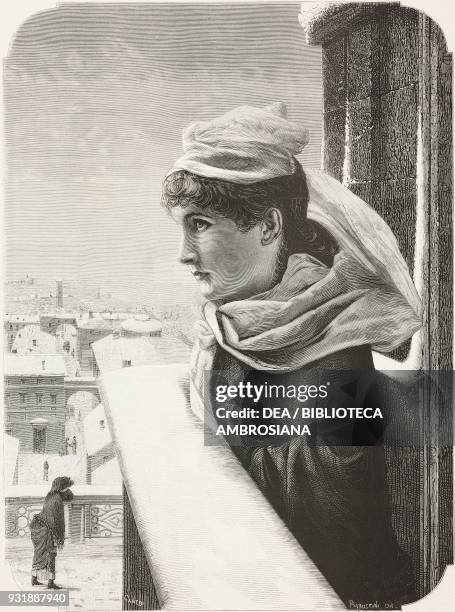 Snow, young woman on a snow-covered balcony, drawing by Ulisse Ribustini , engraving by Canedi from L'Illustrazione Italiana, Year 6, No 52, December...