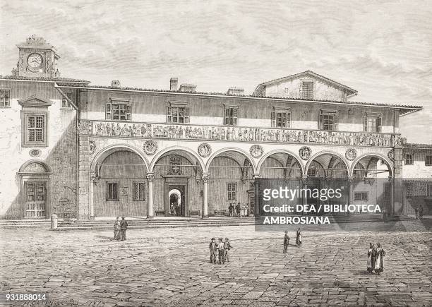 Renaissance loggia of the Ceppo Hospital in Pistoia, Italy, painted by Hercule Catenacci engraving by Canedi from L'Illustrazione Italiana, Year 6,...