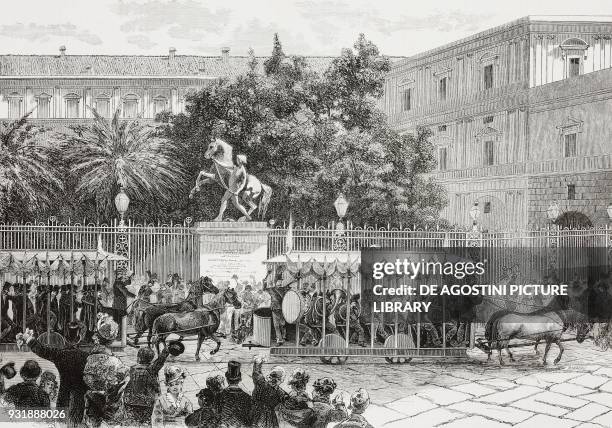 Arrival of the tramway bearing the city councillors and provincial deputies to meet King Umberto I and Margherita of Savoy, Naples, Campania, Italy,...