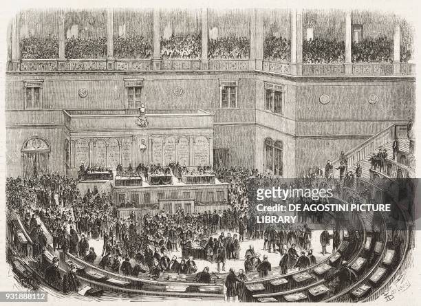 Parliamentary members gathering in the hemicycle of the chamber after the vote of confidence in the Cairoli government, December 11 drawing by Dante...