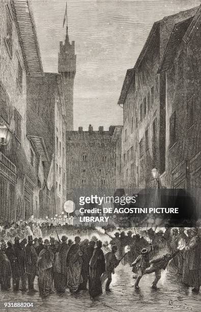 Torchlight procession in Florence, Tuscany, Italy, drawing by Odoardo Borrani , engraving by Francesco Canedi from L'Illustrazione Italiana, Year 5,...