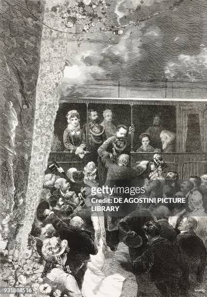 King Umberto I helping Benedetto Cairoli to board the train, Naples, Italy, drawing by Giuseppe Cosenza, engraving from L'Illustrazione Italiana,...
