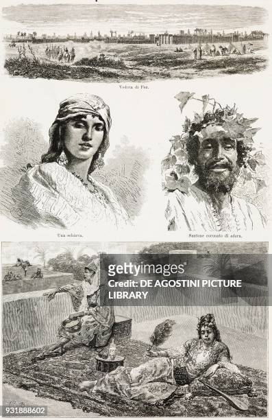 Pictures of Morocco, view of Fez, a slave, a holy man crowned with ivy, two women on a terrace in Fez, illustrations by Cesare Biseo from a book by...