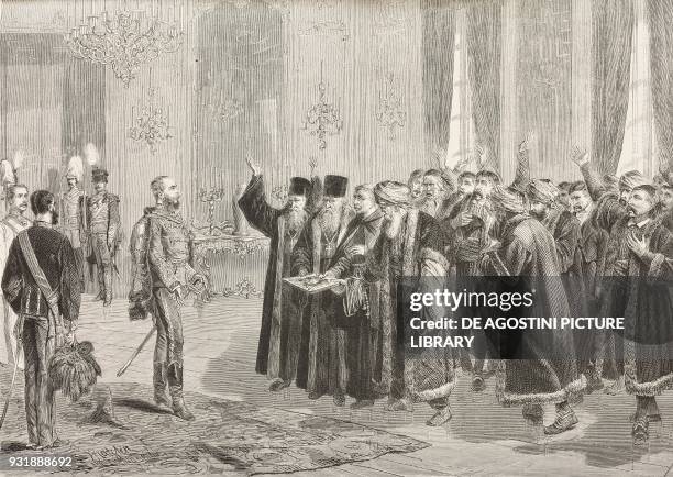 The deputation of Herzegovina before emperor Franz Joseph I of Austria, Austria, drawing by B Kasler, engraving from L'Illustrazione Italiana, Year...