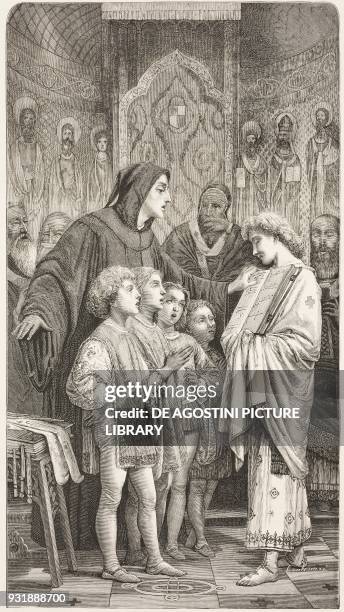 Monk Guido d'Arezzo in front of Pope John XIX, painting by Giuseppe Bertini , engraving from L'Illustrazione Italiana, Year 6, No 2, January 12, 1879.