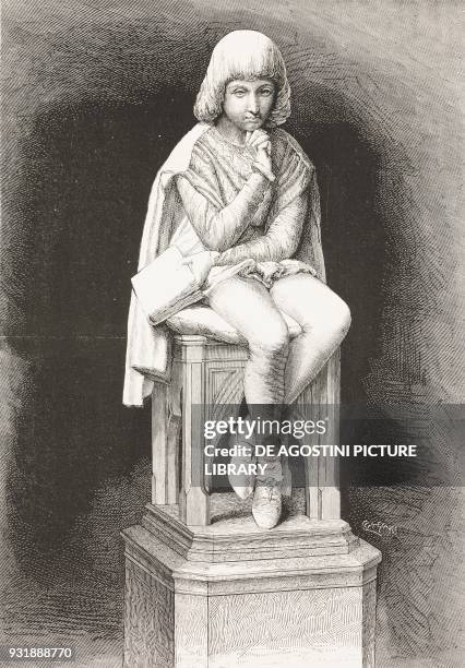 Monument to Giovanni Pico of the counts of Mirandola , Italian humanist and philosopher, statue by Federico Villa, Rome, Italy, engraving by...