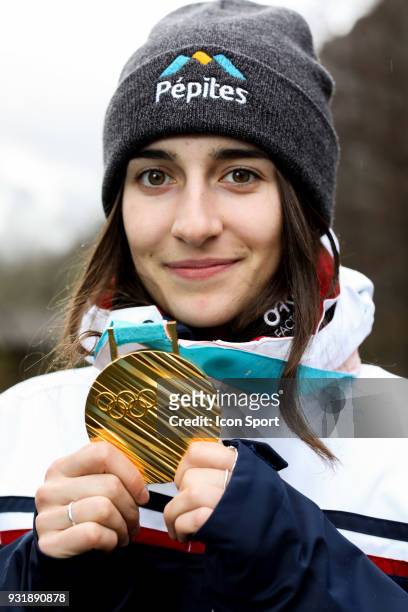 French skier Perrine Laffont who won Moguls Skiing gold medal at the 2018 PyeongChang Olympic Winter Games - She is pictutred nearby her house in...