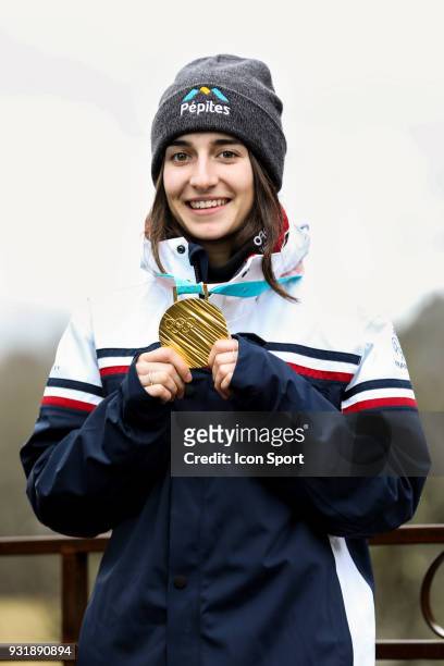 French skier Perrine Laffont who won Moguls Skiing gold medal at the 2018 PyeongChang Olympic Winter Games - She is pictutred nearby her house in...