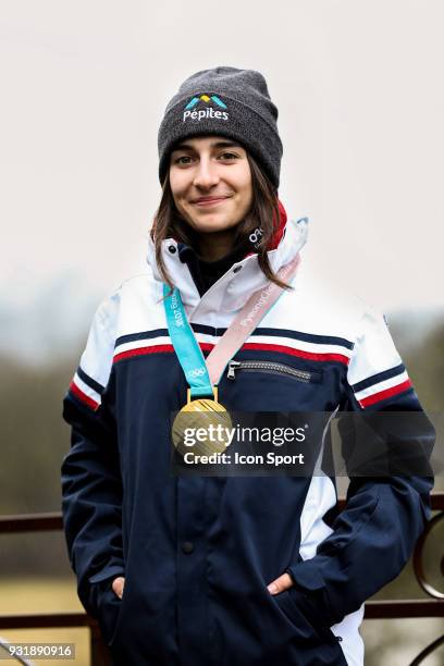 French skier Perrine Laffont who won Moguls Skiing gold medal at the 2018 PyeongChang Olympic Winter Games - She is pictutred nearby her house in...