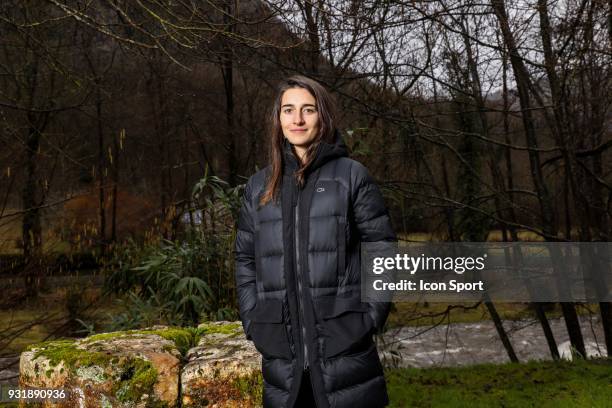 French skier Perrine Laffont who won Moguls Skiing gold medal at the 2018 PyeongChang Olympic Winter Games - She is pictutred nearby her house in...