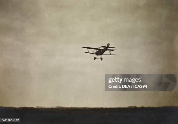 Nieuport 17 biplane in flight, World War I, Italy, 20th century.