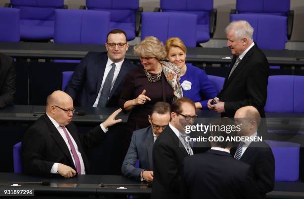 German Economy Minister Peter Altmaier talks with the Federal Government's Commissioner for Culture and the Media Monika Gruetters as ministers of...