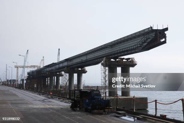 General view of the Crimean bridge which is being built to connect the Krasnodar region of Russia and Crimean Peninsula across the Kerch Strait on...