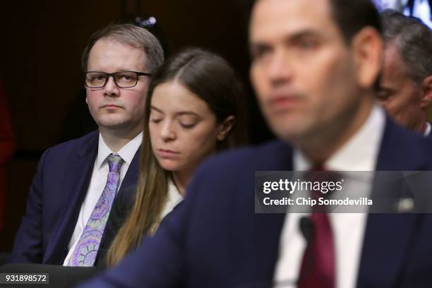 Ryan Petty , father of Alaina Petty, a student killed in the February 14 shooting in Parkland, Florida, listens to Sen. Marco Rubio during a Senate...