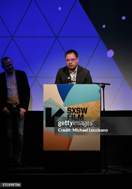 Film critic Justin Chang takes part in the SXSW Film Awards show during the 2018 SXSW Conference and Festivals at Paramount Theatre on March 13, 2018...
