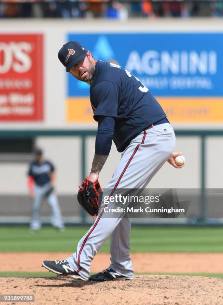 Peter Moylan of the Atlanta Braves pitches during the Spring Training game against the Detroit Tigers at Publix Field at Joker Marchant Stadium on...