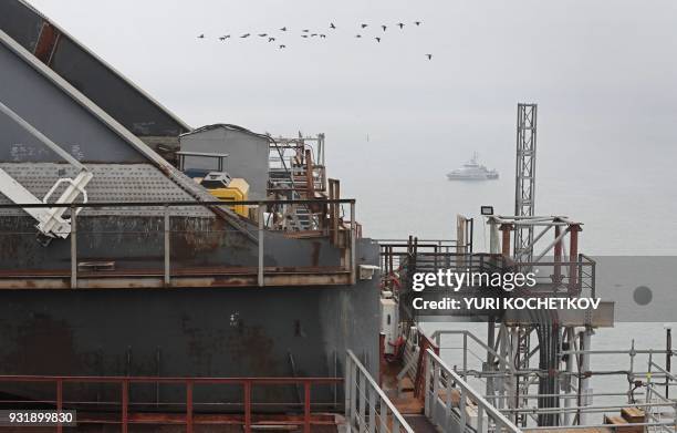 View of the construction site of the road-and-rail Crimean Bridge over the Kerch Strait on March 14, 2018.