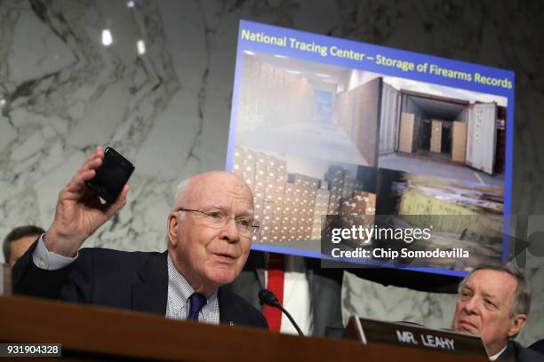 Senate Judiciary Committee member Sen. Patrick Leahy talks about the National Tracing Center's mandated storage of firearms records on paper and not...