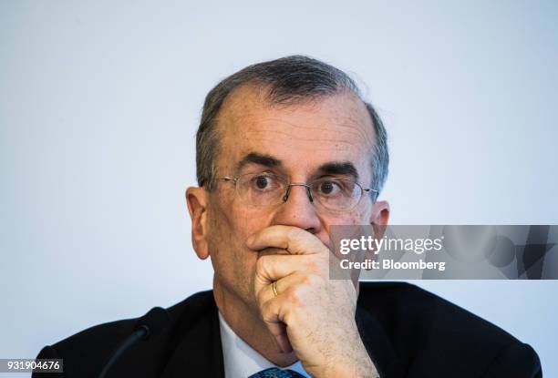 Francois Villeroy de Galhau, governor of the Bank of France, pauses at the 'ECB and its Watchers' conference in Frankfurt, Germany, on Wednesday,...