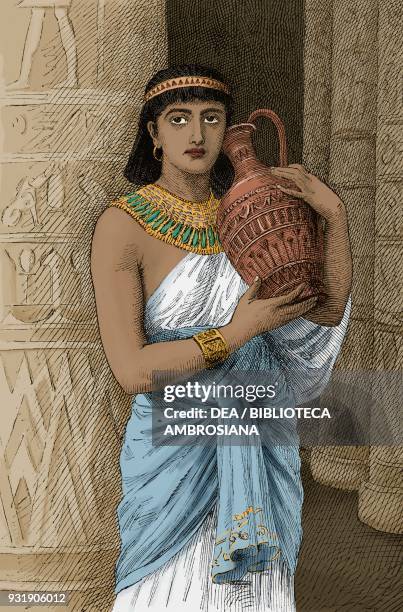 Klea, Egyptian woman with an amphora, illustration from The Graphic, volume XXVIII, no 733, December 15, 1883. Digitally colorized image.