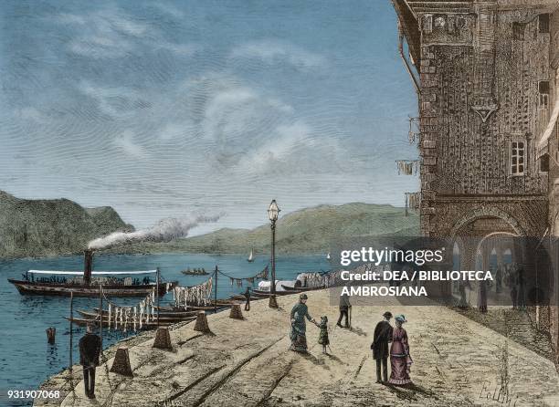 Morcote shoreline and steamboat port, Lake Lugano, Switzerland, from a sketch by Giuseppe Fossati , engraving by Canedi from L'Illustrazione...