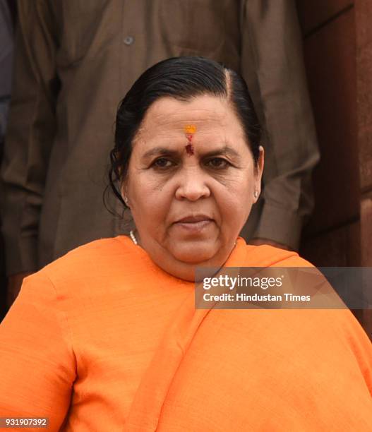 Leader Uma Bharti after attending a Budget Session at Parliament House, on March 14, 2018 in New Delhi, India. The Lok Sabha today passed the crucial...