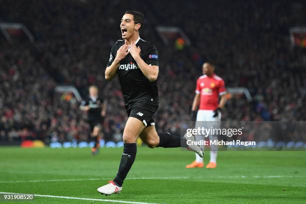 Wissam Ben Yedder of Sevilla celebrates as he scores their second goal during the UEFA Champions League Round of 16 Second Leg match between...