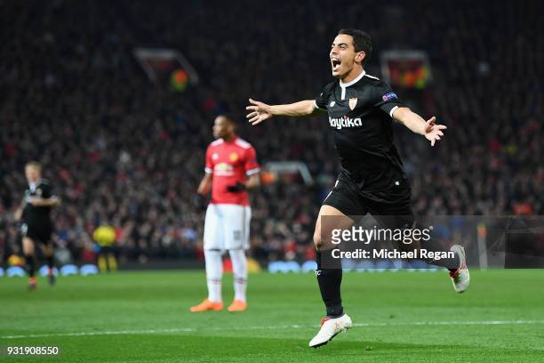 Wissam Ben Yedder of Sevilla celebrates as he scores their second goal during the UEFA Champions League Round of 16 Second Leg match between...