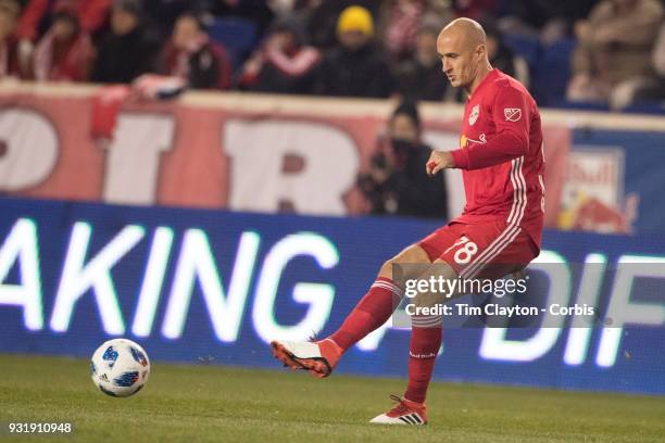 March 10: Aurelien Collin of New York Red Bulls in action during the New York Red Bulls Vs Portland Timbers MLS regular season match at Red Bull...