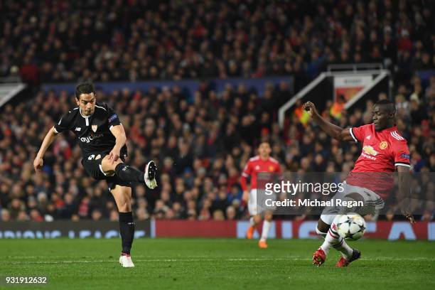 Wissam Ben Yedder of Sevilla scores their first goal during the UEFA Champions League Round of 16 Second Leg match between Manchester United and...