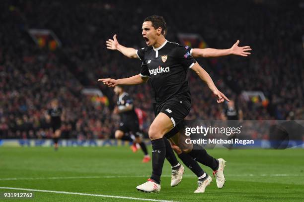 Wissam Ben Yedder of Sevilla celebrates as he scores their first goal during the UEFA Champions League Round of 16 Second Leg match between...