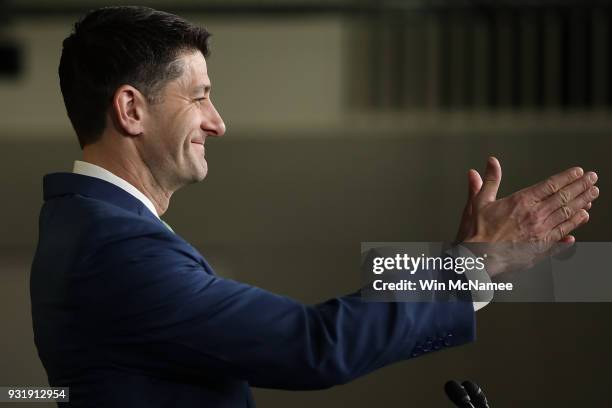 Speaker of the House Paul Ryan answers questions during a House Leadership press conference at the U.S. Capitol on March 14, 2018 in Washington, DC....