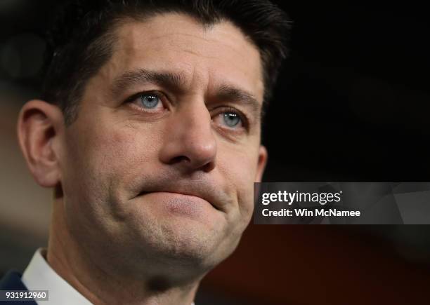 Speaker of the House Paul Ryan answers questions during a House Leadership press conference at the U.S. Capitol on March 14, 2018 in Washington, DC....