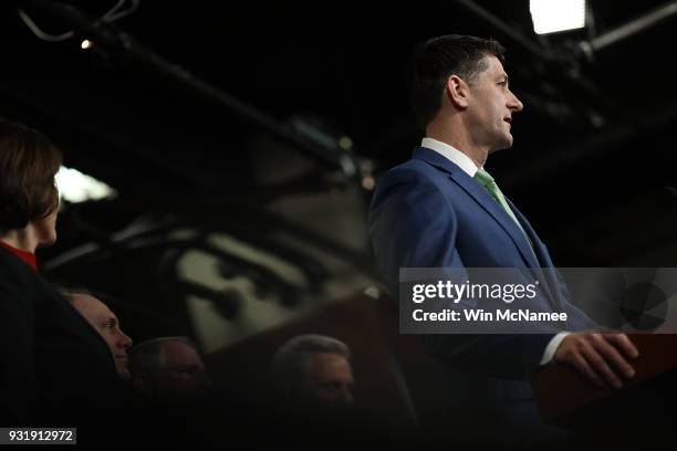 Speaker of the House Paul Ryan answers questions during a House Leadership press conference at the U.S. Capitol on March 14, 2018 in Washington, DC....