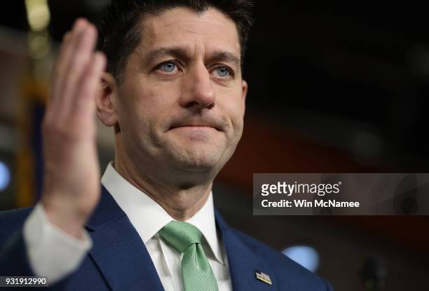 Speaker of the House Paul Ryan answers questions during a House Leadership press conference at the U.S. Capitol on March 14, 2018 in Washington, DC....