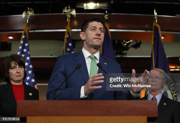 Speaker of the House Paul Ryan answers questions during a House Leadership press conference at the U.S. Capitol on March 14, 2018 in Washington, DC....