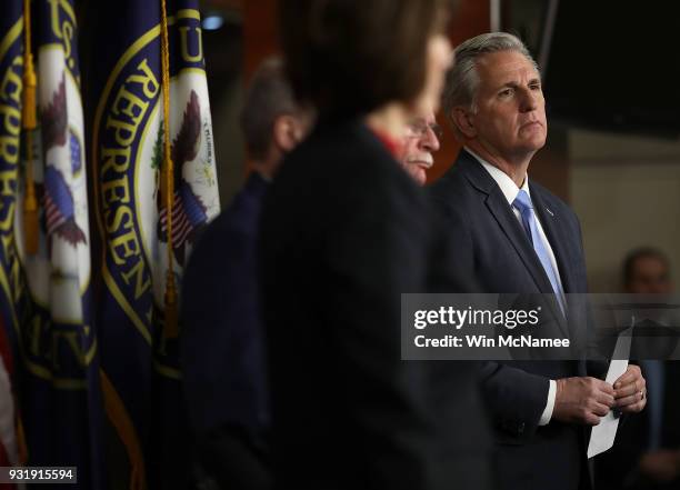 Rep. Kevin McCarthy attends a press conference at the U.S. Capitol on March 14, 2018 in Washington, DC. U.S. Speaker of the House Paul Ryan answered...