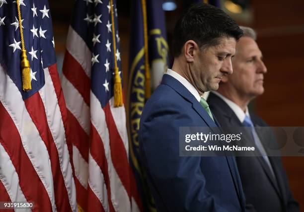 Speaker of the House Paul Ryan and Rep. Kevin McCarthy attend a press conference at the U.S. Capitol on March 14, 2018 in Washington, DC. Ryan...