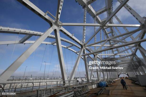 General view of the Crimean bridge which is being built to connect the Krasnodar region of Russia and Crimean Peninsula across the Kerch Strait on...