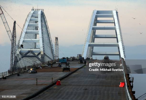 General view of the Crimean bridge which is being built to connect the Krasnodar region of Russia and Crimean Peninsula across the Kerch Strait on...