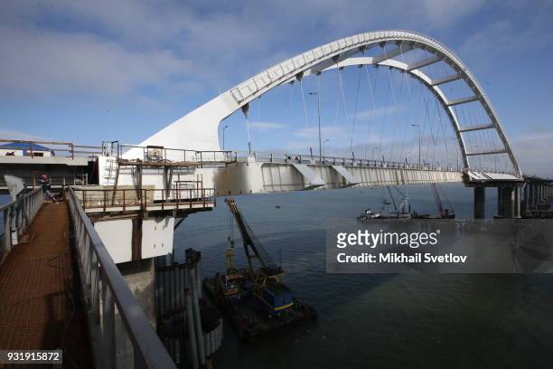 General view of the Crimean bridge which is being built to connect the Krasnodar region of Russia and Crimean Peninsula across the Kerch Strait on...