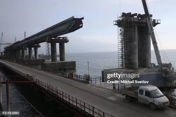 General view of the Crimean bridge which is being built to connect the Krasnodar region of Russia and Crimean Peninsula across the Kerch Strait on...