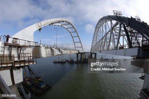 General view of the Crimean bridge which is being built to connect the Krasnodar region of Russia and Crimean Peninsula across the Kerch Strait on...